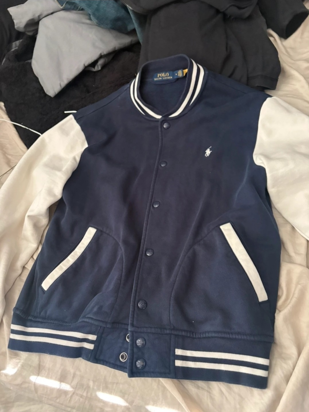Polo By Ralph Lauren Double Knit Navy And White Varsity Jacket Sz M